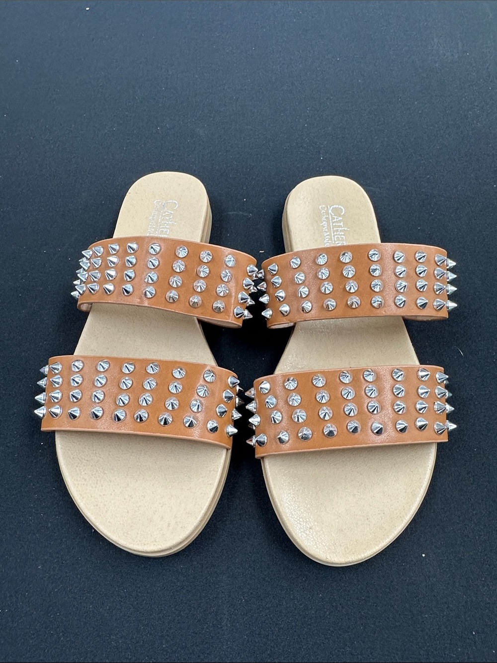Catherine Malandrino Tan Double-Stud Slide Sandals